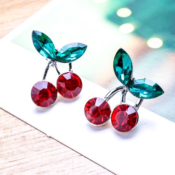 Crystal Red Cherry Earrings - Picture 2 of 7